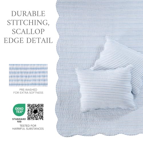 Reversible Blue Stripe Queen Bedspread Set with Pillow Shams