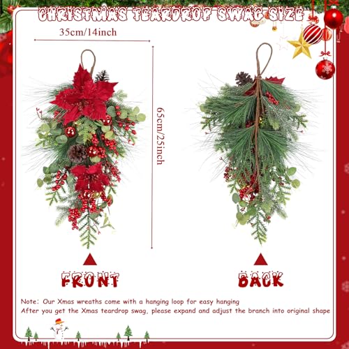 2 Pcs Christmas Teardrop Swag with Poinsettia, 26in - Large Red Poinsettia
