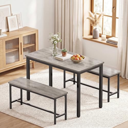 3-Piece Dining Table Set for 4 with 2 Storage Benches, Grey Industrial