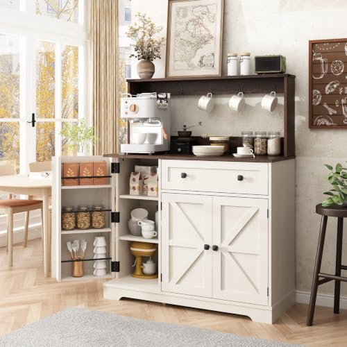 Farmhouse Coffee Bar Cabinet with Charging Station, 39-Inch Kitchen Hutch
