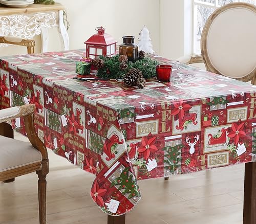 84x60 Inch Red Sleigh Bells Christmas Tablecloth - Festive Vinyl Holiday Cover