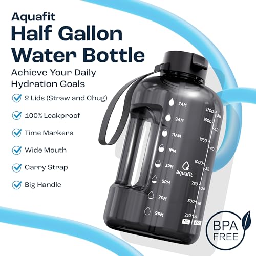 Half Gallon Water Bottle with Time Marker 64 oz Gym Jug with Straw