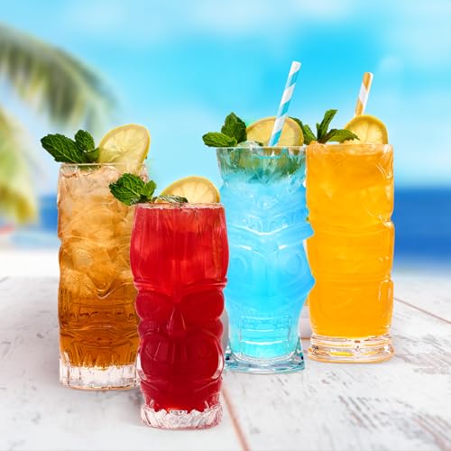 Set of 4 Clear Tiki Glasses, 16 Oz Tropical Cocktail Tumblers for Barware