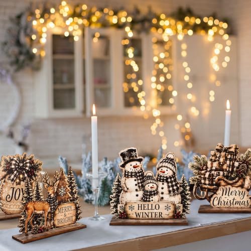 Novabright Snowman Christmas Table Decor Set of 6 - Farmhouse Wood Signs