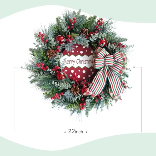 TEMPUS 22-inch Frosted Pine Wreath with Red Berries, Cones & Ribbon Bow