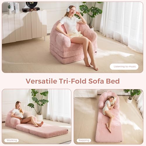 Convertible Faux Fur Floor Sofa Bed, Scalloped Bean Bag Lounger Chair
