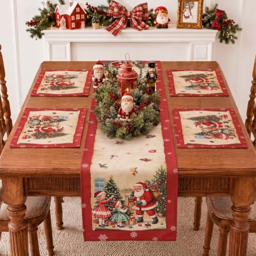 5 Pack Red Vintage Santa Christmas Table Runner and Placemats Set
