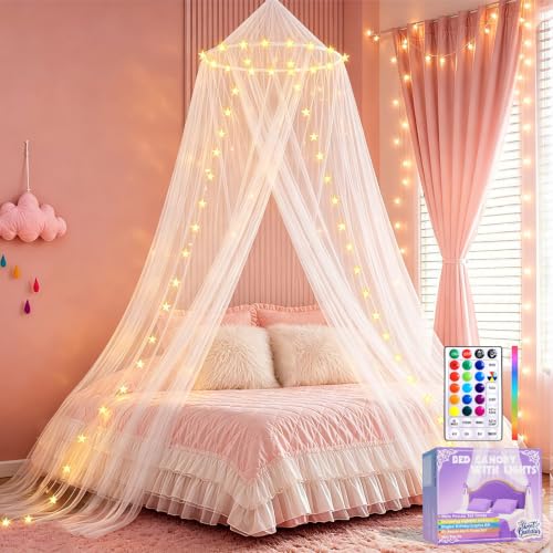 Bed Canopy with RGB LED Star Fairy Lights - Remote Control Mosquito Net