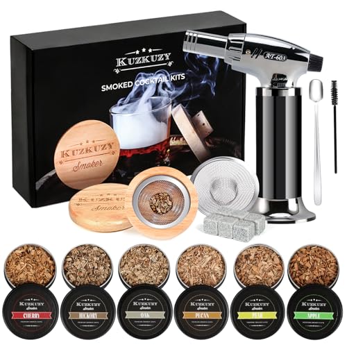 KUZKUZY Cocktail Smoker Kit with Torch & 6 Flavors Wood Chips - Bourbon Whiskey Infuser, Old Fashioned Drink Gift for Men, Dad, Husband (Without Butane)