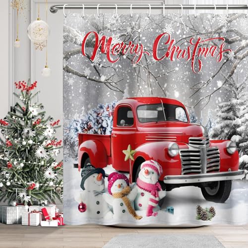DASHAN Red Truck Christmas Shower Curtain with Snowman - Winter Holiday Waterproof Fabric, 72x72 inches, Grey Variant