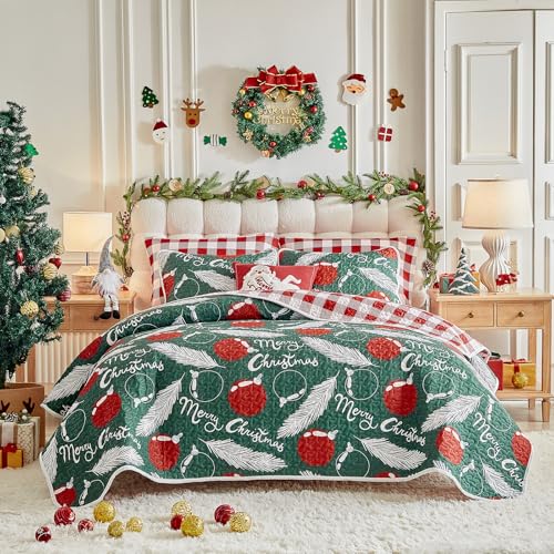 UOZZI Bedding King Size Reversible Christmas Quilt Set Green Red Feathers Plaid 101x88