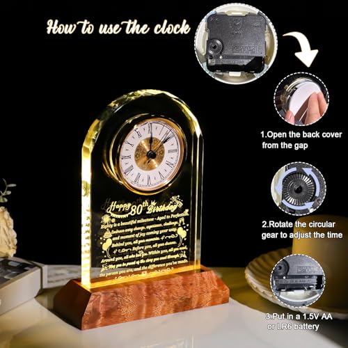 80th Birthday Glass Desk Clock with LED Light Base - Milestone Keepsake Gift