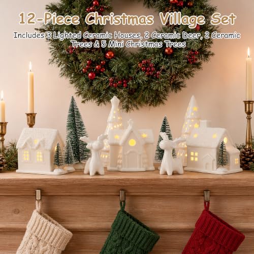 12-Piece White Ceramic Christmas Village Set with Light-Up Houses and Trees