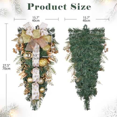 27.5-Inch Artificial Christmas Teardrop Swag with Gold Ornaments and Bow