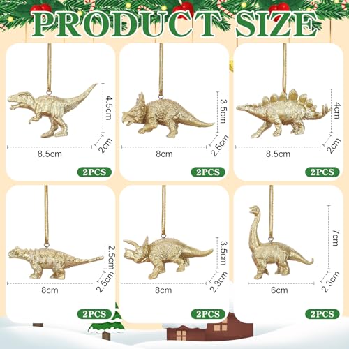 Fiwochic 12-Pack Dinosaur Christmas Tree Ornaments Hanging Decor - Gold Holiday Decorations