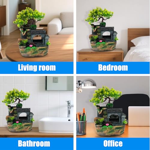 Tabletop Waterfall Fountain with LED Light & Faux Bonsai Tree - 11 Inch