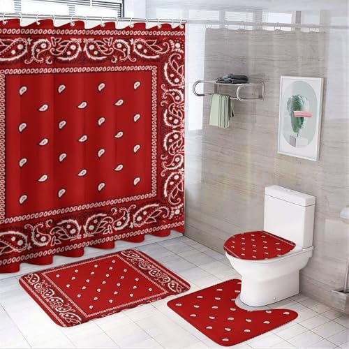 Red Bandana 4-Piece Bathroom Set - Non-Slip Floor Mat & Shower Curtain