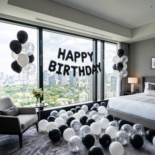 TONIFUL 16 Inch Black Happy Birthday Foil Letter Balloon Banner Decorations