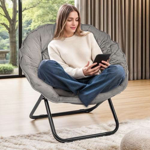 Folding Faux Fur Saucer Chair - Portable Soft Moon Chair for Bedroom