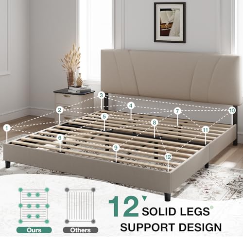 King Size Upholstered Platform Bed Frame with Adjustable Headboard, Beige