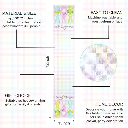 Frienda 72 Inch Plaid Bunny Easter Table Runner Pastel Checkered Gingham Farmhouse Decor