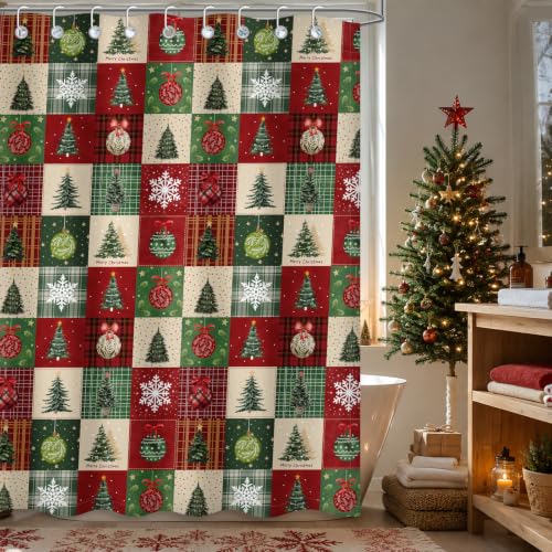 Farmhouse Checkerboard Christmas Shower Curtain Winter Decor 72x72 Inch - Christmas Patchwork