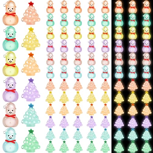 96 Pcs Luminous Mini Christmas Tree & Snowman Figurines Set – Glow in the Dark Resin DIY Holiday Decor