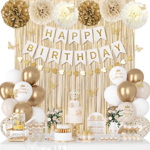 White and Gold Birthday Decorations Kit with Butterfly Stickers and Banner