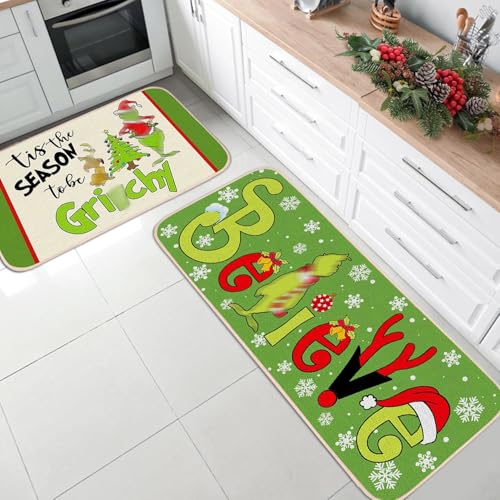 2-Piece Christmas Kitchen Rug Set, Non-Slip Washable Holiday Floor Mats