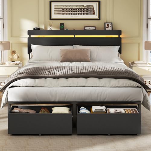 Queen Bed Frame with Storage Drawers, LED Lights & Charging Station