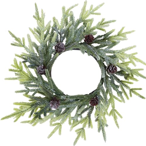 4 Pcs Artificial Frosted Cypress Candle Rings with Pinecones 10-Inch