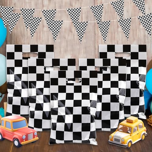 30-Pack Checkered Race Car Party Favor Bags with Handles for Kids