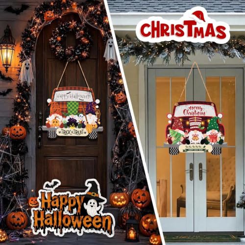 SENMAY Halloween Gnome Door Sign - Double-Sided Front Door Decor (Orange/Red)
