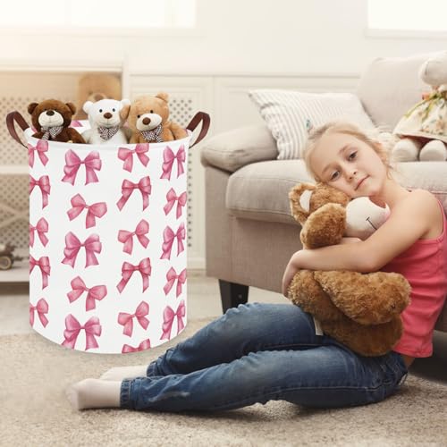 Pink Bow Laundry Basket - Collapsible Waterproof Canvas Nursery Hamper