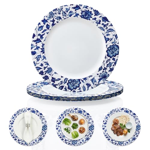 Yungyan 6 Pack 13in Blue & White Christmas Porcelain-Style Plastic Charger Plates (Passover Embroidery / Blue) - Non-Disposable