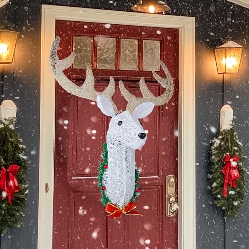Lighted Christmas Reindeer Head Wall Decor - 32 Inch Outdoor Indoor Rudolph Wreath with 8 Modes