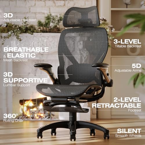 ELABEST Midnight Mist Ergonomic Mesh Office Chair with Footrest & 5D Flip-Up Arms - Big & Tall Home/Office Chair