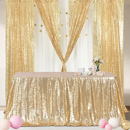 Poise3EHome Light Gold Sequin Tablecloth 90x132 Inch – Rectangular Sparkly Fabric for Wedding Birthday Party