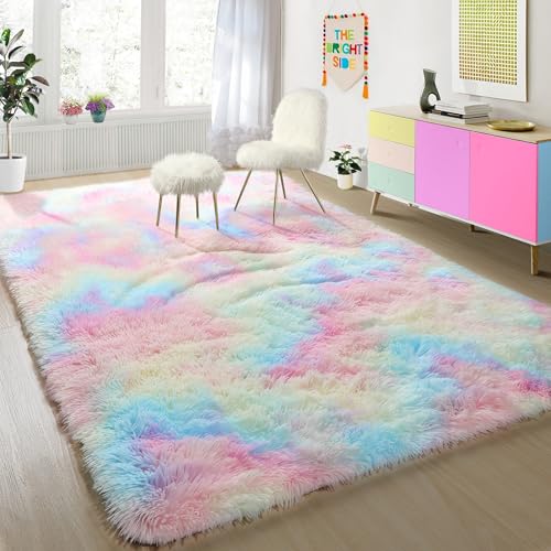 4x6 Rainbow Fluffy Area Rug - Soft Shaggy Plush Carpet for Kids Bedroom