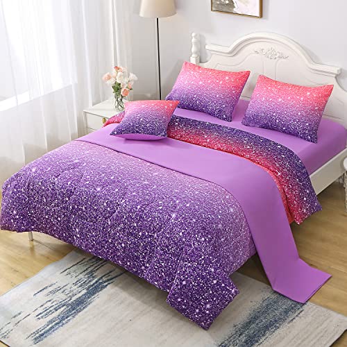 6-Piece Twin Comforter Set - Pink Purple Galaxy Bed in a Bag