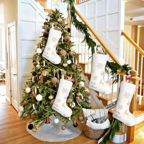 4PCS White Christmas Stockings with Gold Sequin Snowflake Reindeer
