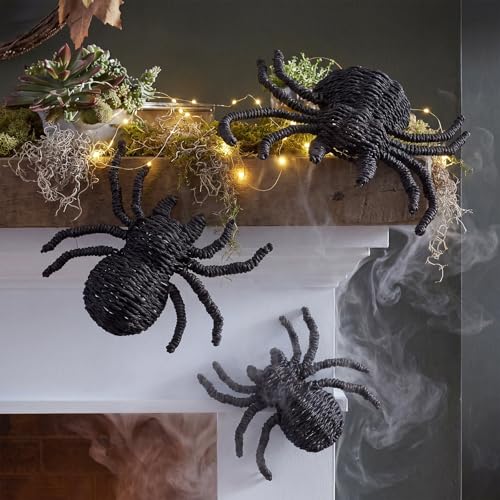 Woven Rattan Spider Halloween Decor - Handcrafted 3-Piece Black Rustic Set