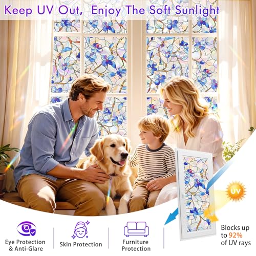 Rainbow Stained Glass Privacy Window Film | UV Blocking, Easy Install, 17.5x78.5