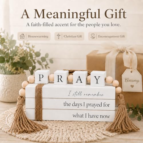 Farmhouse Decorative Faux Book Stack with Pray Garland and Wood Tassels