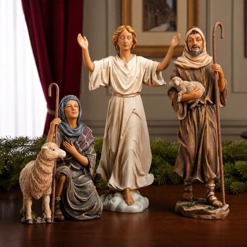 Three Kings Gifts 14-Inch Nativity Add-On Set — 3-Piece Polystone Shepherds & Angel with Sheep