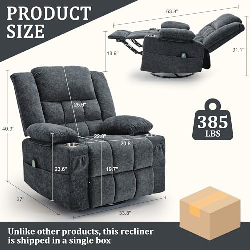 360° Swivel Rocking Recliner with Massage and Heating, Dark Gray Fabric