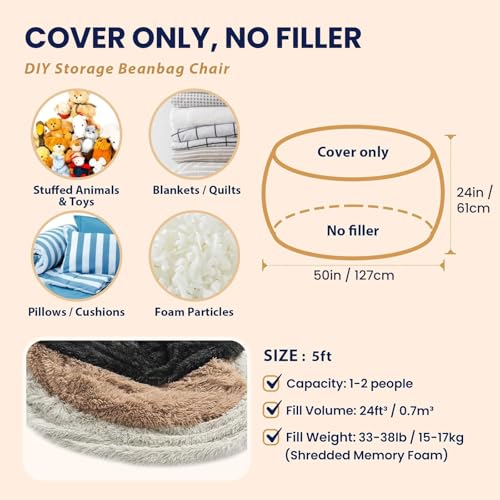 5FT Faux Fur Bean Bag Chair Cover - Waterproof Storage Beanbag for Adults