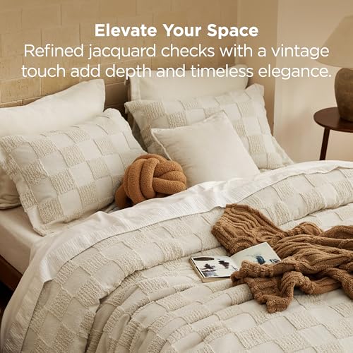 Queen Comforter Set Beige Boho Farmhouse Checkered Bedding, 3 Pieces