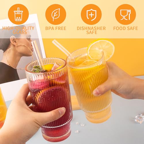 8-Piece Ribbed Glass Cup Set with Bamboo Lids and Straws, 11oz Stackable