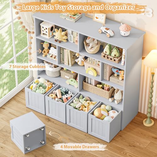 Kids Toy Storage Organizer with Movable Drawers and Bookshelf, Gray